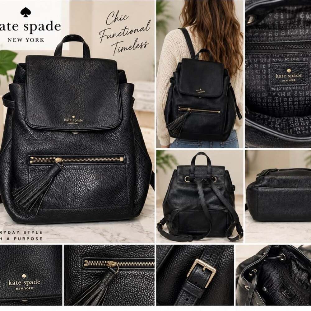 Kate Spade New York Black Pebbled Leather Tassel Backpack